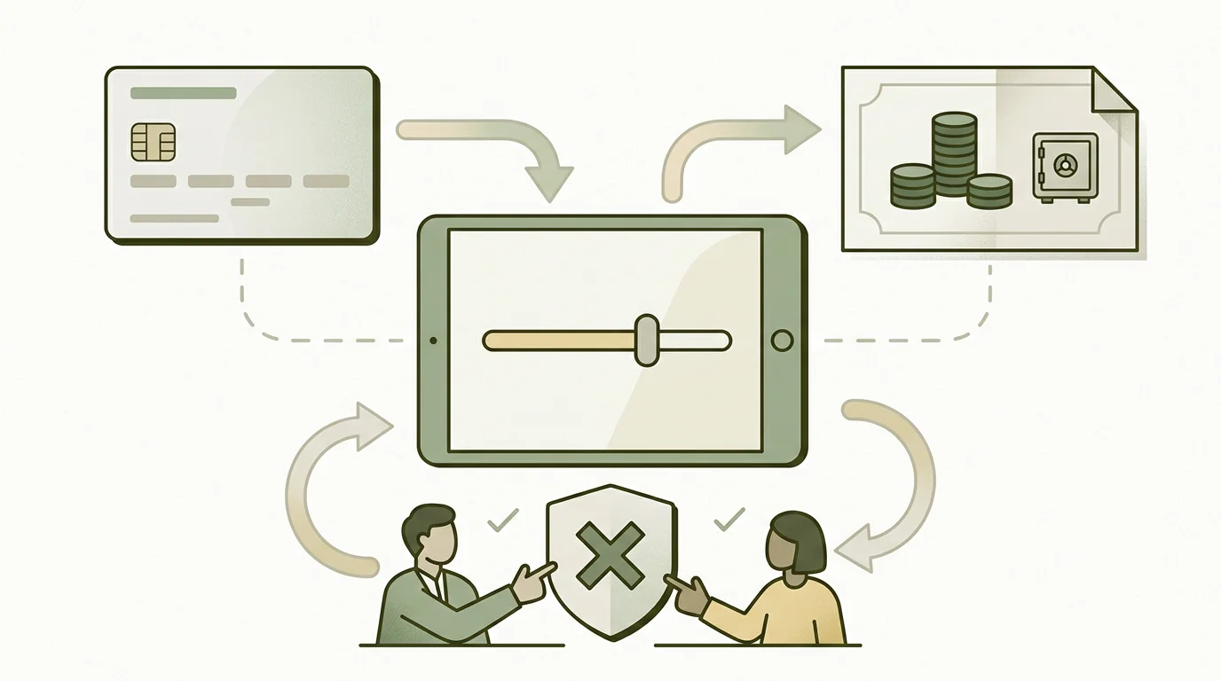 Payment card, fund protection note and financial limit slider on a neutral desk